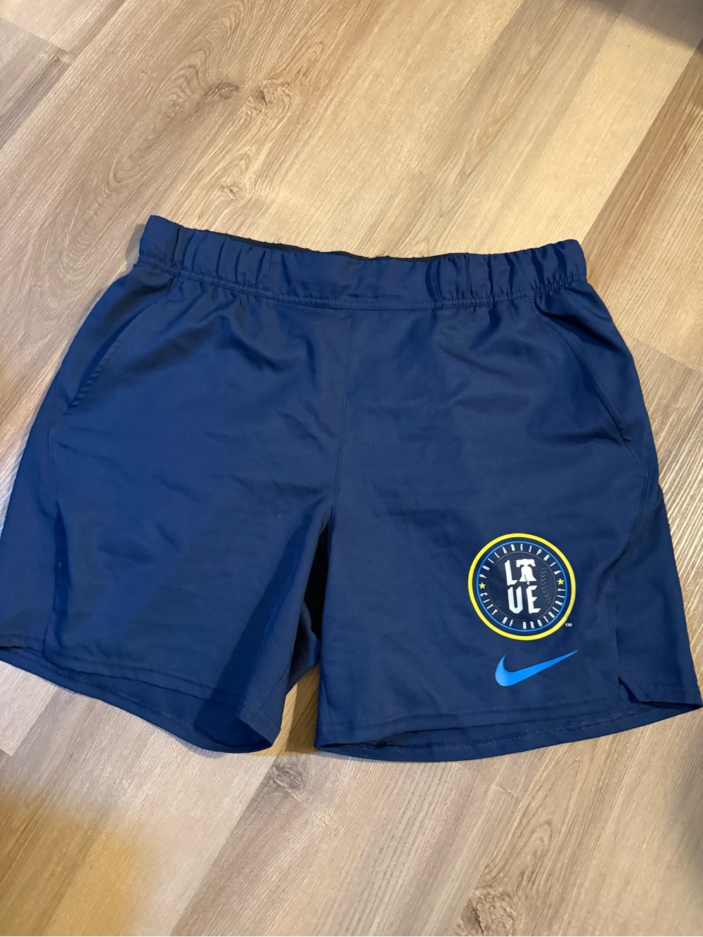Nike Philadelphia PhilliesNavy Athletic Shorts with Yellow Badge and Blue Swoosh